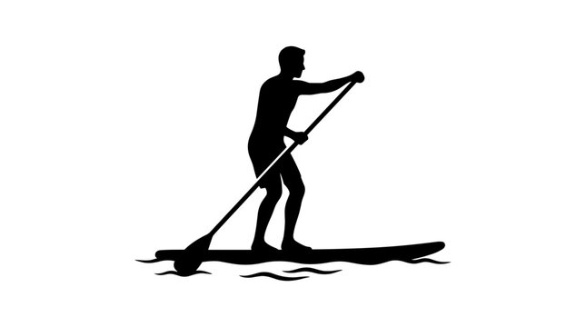 Silhouette of a man paddleboarding on water.