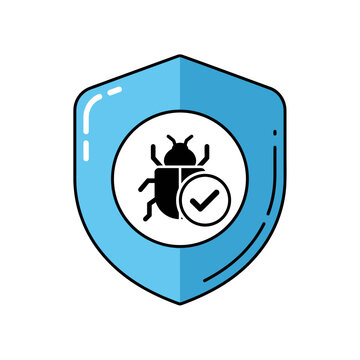 Blue cybersecurity shield icon with bug and checkmark