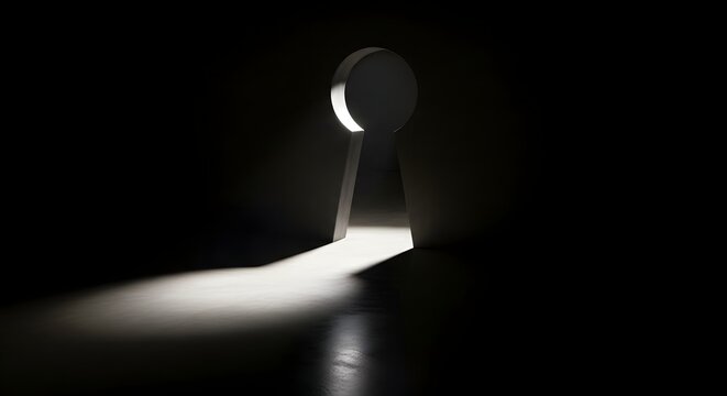Mysterious light shining through an old keyhole in a dark room, creating an intriguing and suspenseful atmosphere