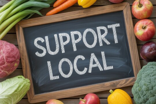Fresh produce surrounds a chalkboard with 'SUPPORT LOCAL' written on it.