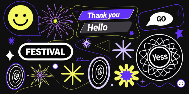 y2k style sticker collection with playful shapes and text