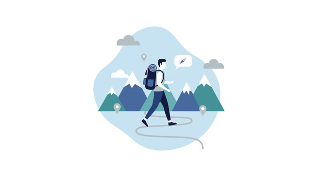 Man with backpack hiking through mountains illustration.