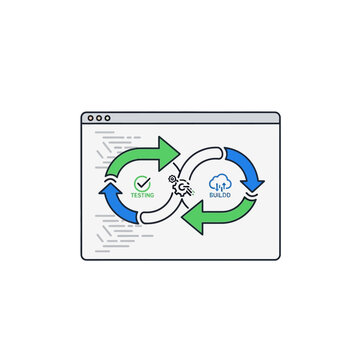 Browser window with DevOps continuous testing infinity loop icon.