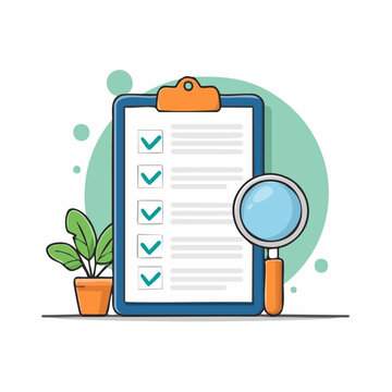 Clipboard with Checklist and Magnifying Glass