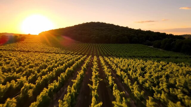 Aerial view of lush green vineyard rows at sunset with warm sunlight illuminating the grapevines and a forested hill in the background under a clear golden hour sky.