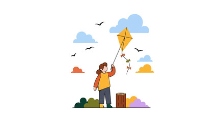 Fototapeta premium Young girl flying a yellow kite outdoors on a sunny day.