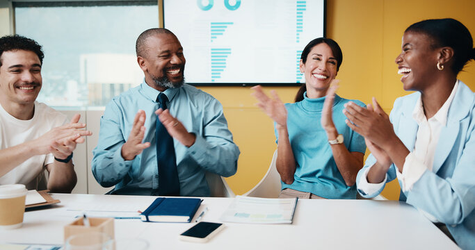 Applause, team and business people with smile in meeting, promotion news and support for achievement. Well done, clapping or happy staff with celebration for career development, recognition or office