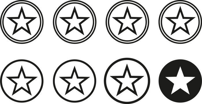 Seven outline stars within circles and one solid star on black background isolated on white