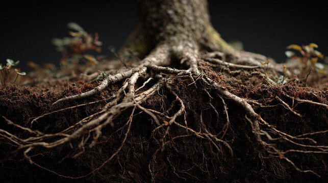Roots of a tree grow deep into the ground, showing the connection between the earth and the plant