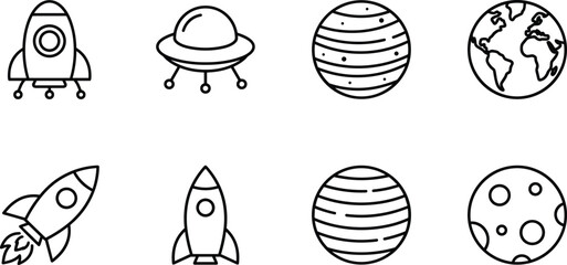 Rocket and UFO icons with planets and Earth in simple outline style for exploration concepts © PUTUL