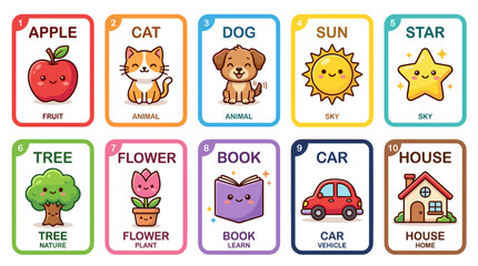 Obraz premium Collection of colorful cartoon icons representing various objects and animals