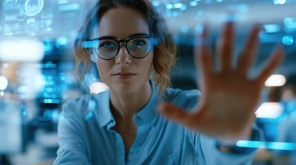 Obraz premium Future Vision Interface: A focused businesswoman wearing glasses interacts with a futuristic holographic display, her outstretched hand pushing forward into a world of data and technology.