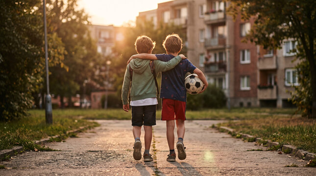 Deux enfants marchant ensemble avec un ballon dans une rue r&eacute;sidentielle