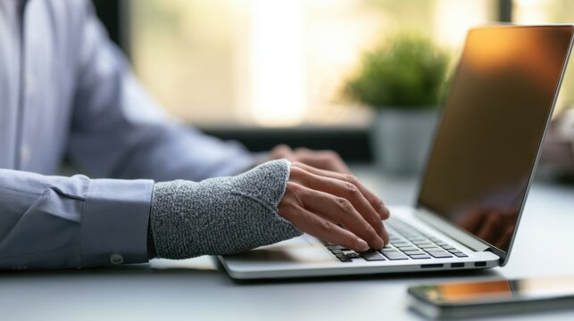 Injured hand typing on laptop: A person with a bandaged hand and wrist is using a laptop, showing resilience and determination in working despite an injury.