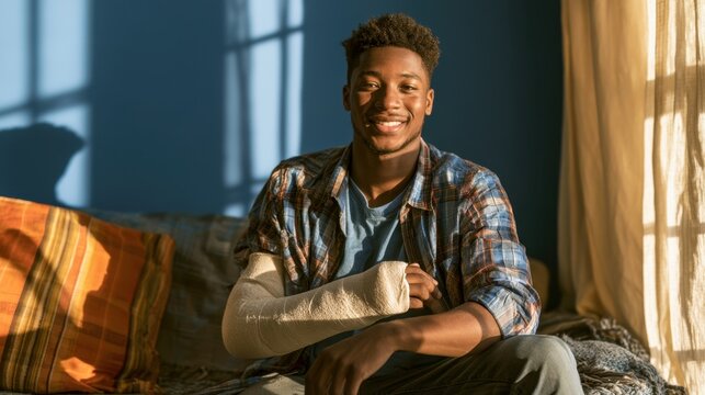 Young Man with Arm in Cast Smiling: A young Black man with an arm in a sling smiles warmly while sitting on a couch, with sunlight streaming in from a window.