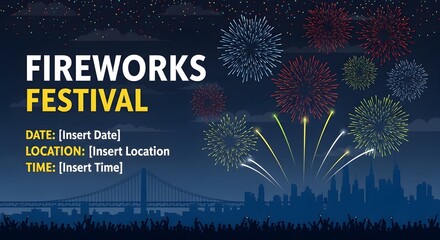 Fireworks festival event poster template with city skyline silhouette and crowd