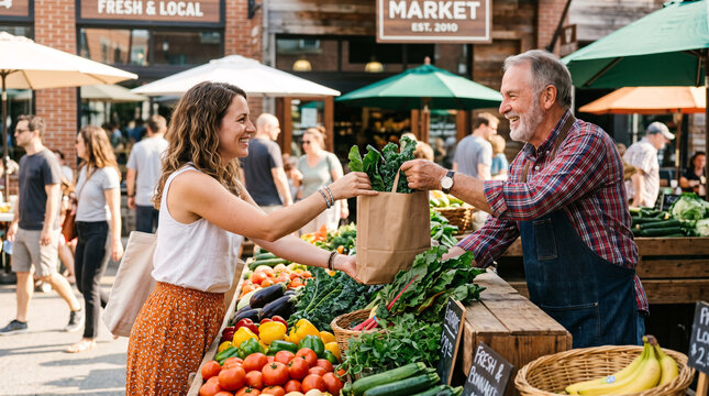 March&eacute; fermier convivial avec &eacute;change entre commer&ccedil;ant et cliente souriante