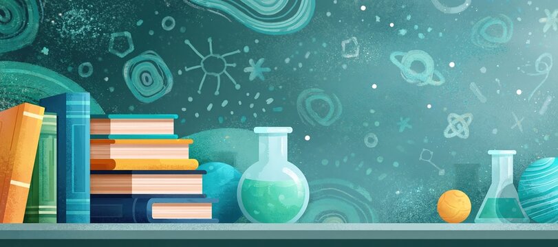 Books and science objects on classroom shelf with chalkboard filled with educational sketches
