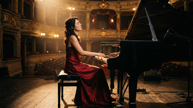 Pianiste &eacute;l&eacute;gante jouant du piano dans une salle de concert raffin&eacute;e