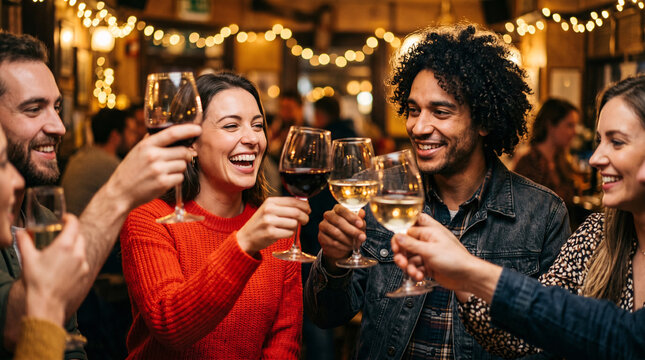 Amis trinquant dans une ambiance festive et chaleureuse en soir&eacute;e