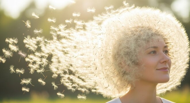 Dandelion Dream: A woman with a gentle smile stands in a sun-drenched field, her hair adorned with the ethereal beauty of a dandelion clock releasing its seeds into the warm breeze.