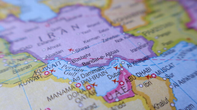 Map detail of the Persian Gulf and Middle East, featuring Iran, UAE, Oman, Qatar, Bahrain, and Kuwait, with cities and borders visible.
