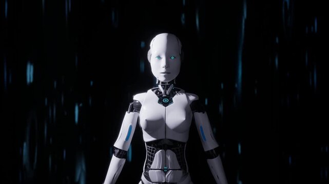 Cinematic 3D animation of a female humanoid robot standing on black