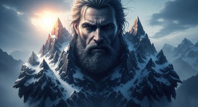 The Guardian of the Peaks: A stern, bearded man with a weathered face stands as a colossal figure, his form merging with snow-capped mountains under a dramatic, sunlit sky. His gaze is intense.