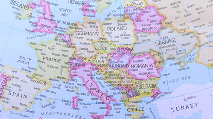 Obraz premium Colorful map of Central and Eastern Europe, highlighting Germany, Poland, Ukraine, and the Baltic states, ideal for travel and geopolitical themes.