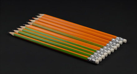 Fototapeta premium A collection of orange and green pencils with silver erasers on a black surface