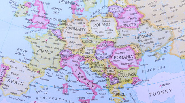 Colorful map of Central and Eastern Europe, highlighting Germany, Poland, Ukraine, and the Baltic states, ideal for travel and geopolitical themes.