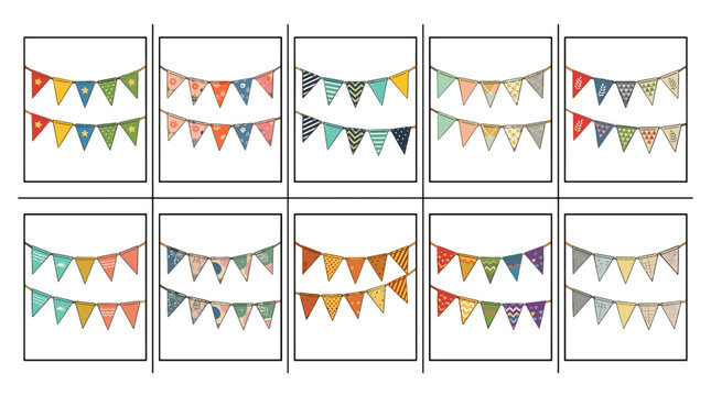 Colorful party bunting flags hanging on string for celebration decor