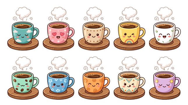 Collection of colorful steaming coffee and tea cups on wooden coasters