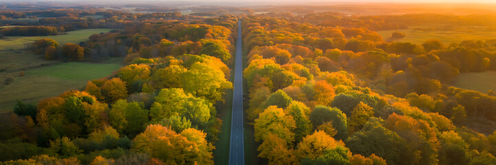 Obraz premium Aerial view of empty road through colorful autumn forest landscape