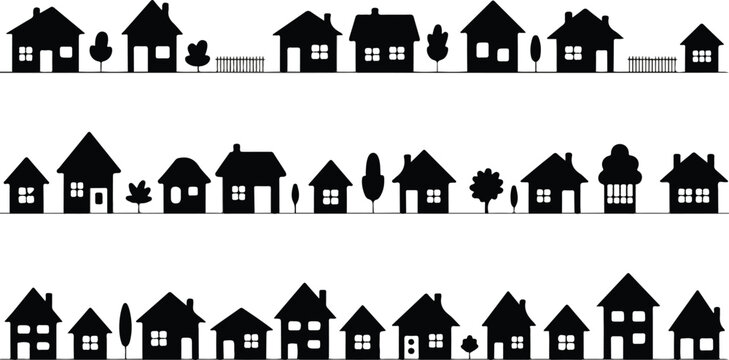 Clean urban housing pattern illustration showing four stacked rows of black house silhouettes with diverse architectural details arranged in structured grid design.