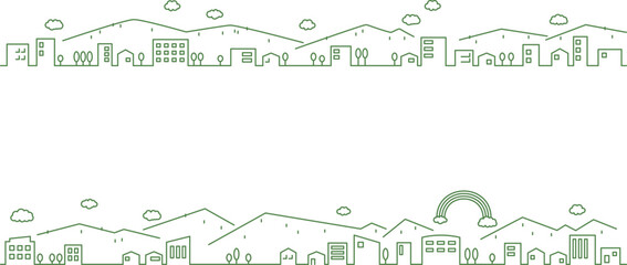 山が見える街並みのシンプルな横長線画イラスト © kintomo