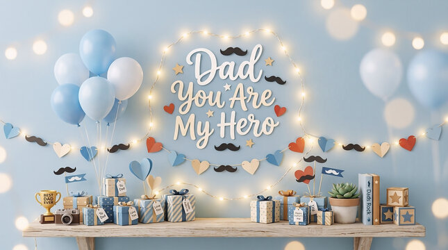 Father's Day background with gifts, balloons and Dad You Are My Hero text