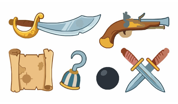 Cartoon pirate weapons collection vector with sword pistol and adventure accessories isolated on white