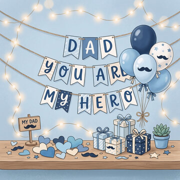 Father's Day celebration background with gifts, balloons and banner
