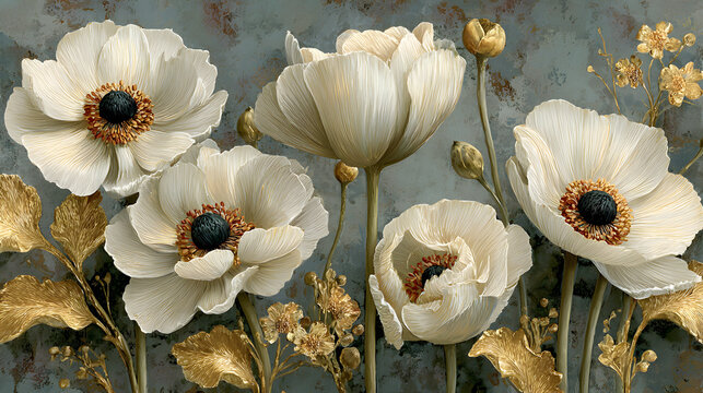Classical botanical sketch of blossoms and intricate foliage over dark canvas texture. Vintage fine art style floral design.
