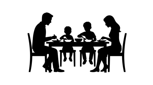Silhouette of a family sitting at a table enjoying meal together