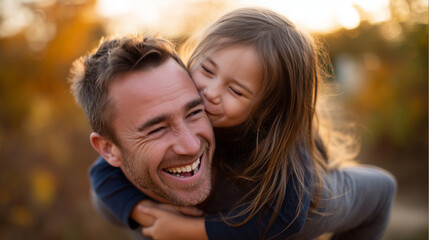 Fototapeta premium a candid emotional photograph of a young daughter hugging her father from behind and kissing his cheek while he laughs with pure joy, warm golden-hour park setting, soft autumn lig