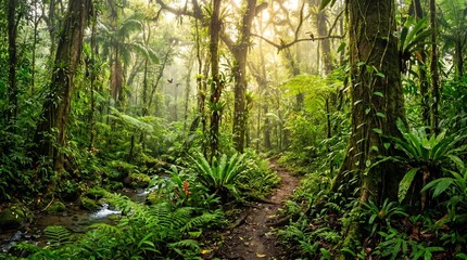 Obraz premium Lush tropical rainforest with a crystal-clear stream, vibrant green foliage, and sunlight rays filtering through dense jungle trees.