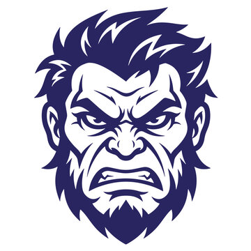 Blue and white cartoon angry bearded man face graphic with white background illustration character expression aggressive frustration powerful masculine stubborn
