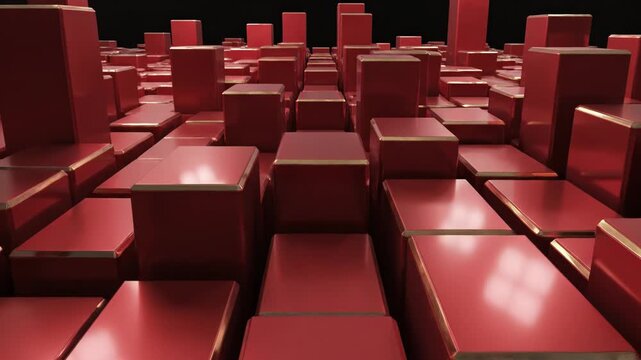 3D rendering of glossy red rectangular blocks with gold metallic bevelled edges arranged in a dense grid at varying heights, creating an abstract geometric landscape background.