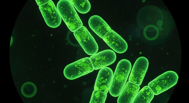 Microscopic view of green rod shaped bacteria cells