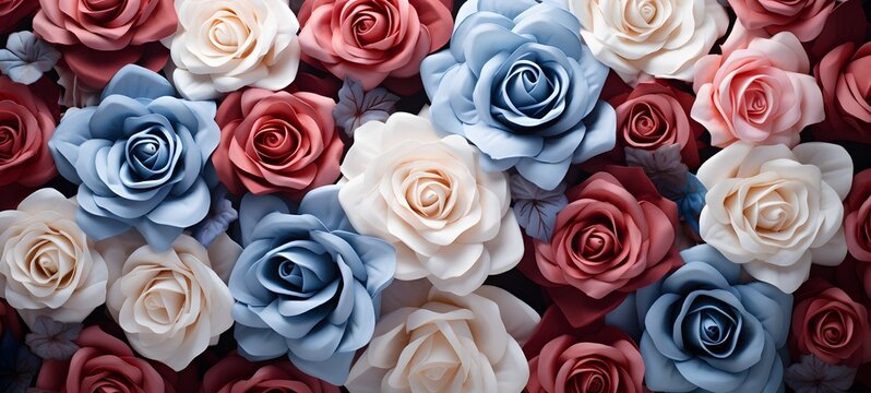 hyper realistic photorealistic distant top-down view of a vast surface densely covered with real roses in a soft mix of red. Generative AI
