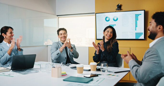 Business people, team and applause in company for success, sales growth and financial achievement. Excited group, analyst and clapping for investment profit, target celebration or revenue increase