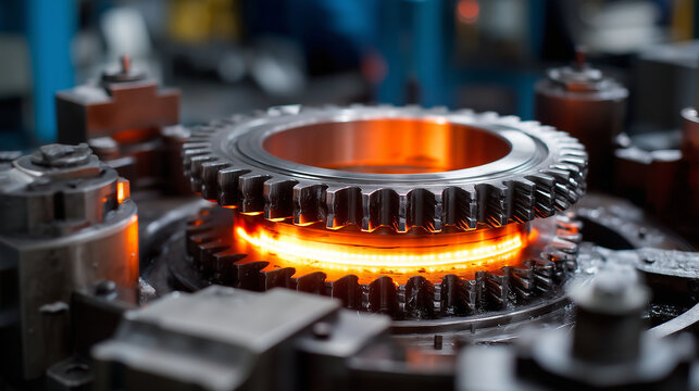 A professional shot of an induction hardening process: a giant steel gear glowing bright orange inside an electromagnetic coil