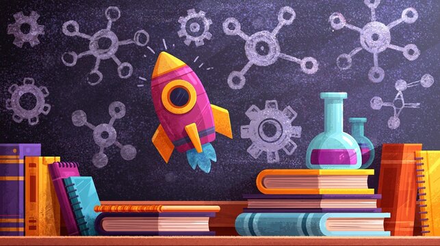 Science classroom chalkboard with playful sketches and educational objects